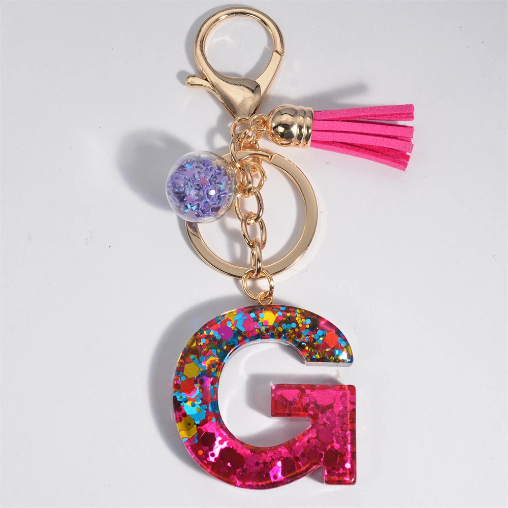 Mystery Star Ball 26 Letters Tassel Fuchsia Keychain
