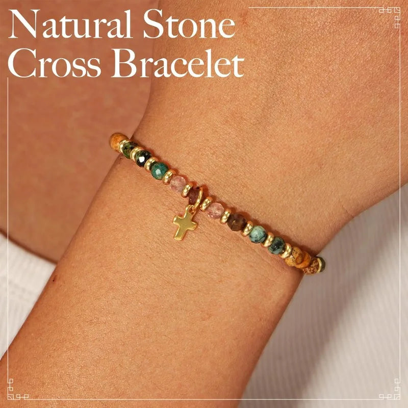 Dainty Cross Inspirational Religious Natural Stone Bracelets