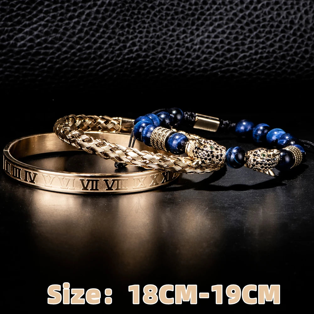 Luxury Double Leopard Head Roman Numeral Bracelet Sets