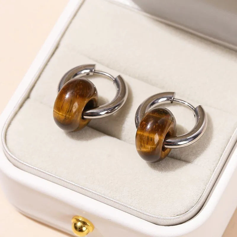 Natural Stone Silver Hoop Earrings Donuts