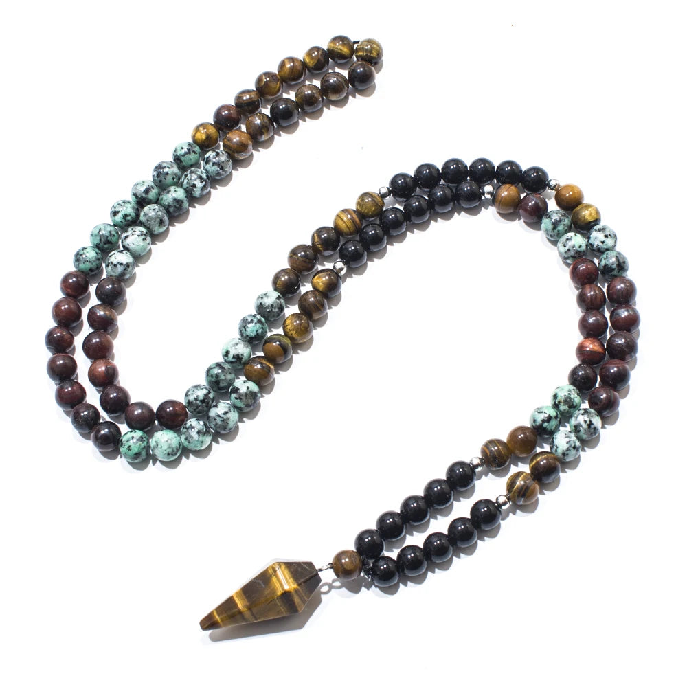 Black Onyx African Turquoise Beads Necklace Set with Tiger Eye Pendant