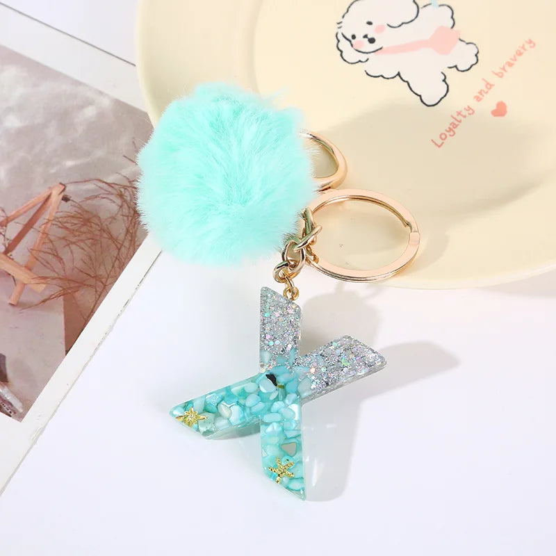 Aqua Flow 26 Initials Letter Key Pendant With Green Blue Fluffy Pompom