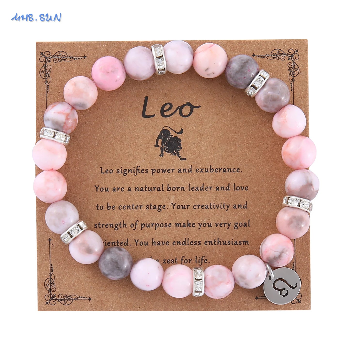 Pink Zebra Stone 12 Star Constellation Sign Beaded Bracelets