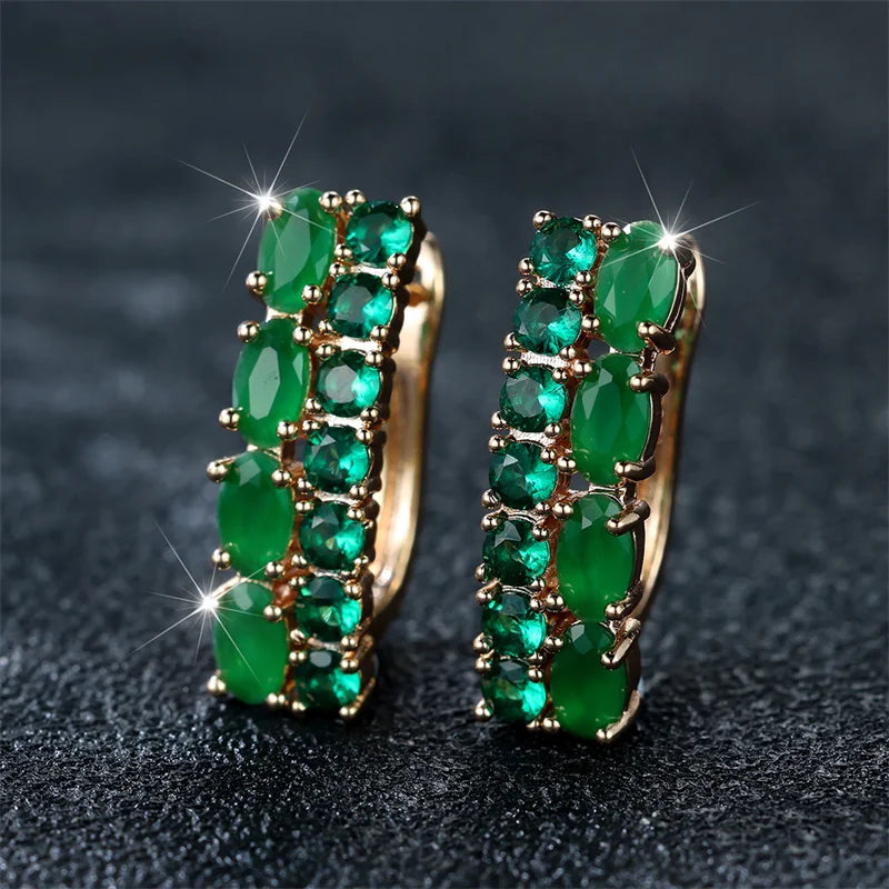 Royal Green Oval Gold Charmed Clip Earrings