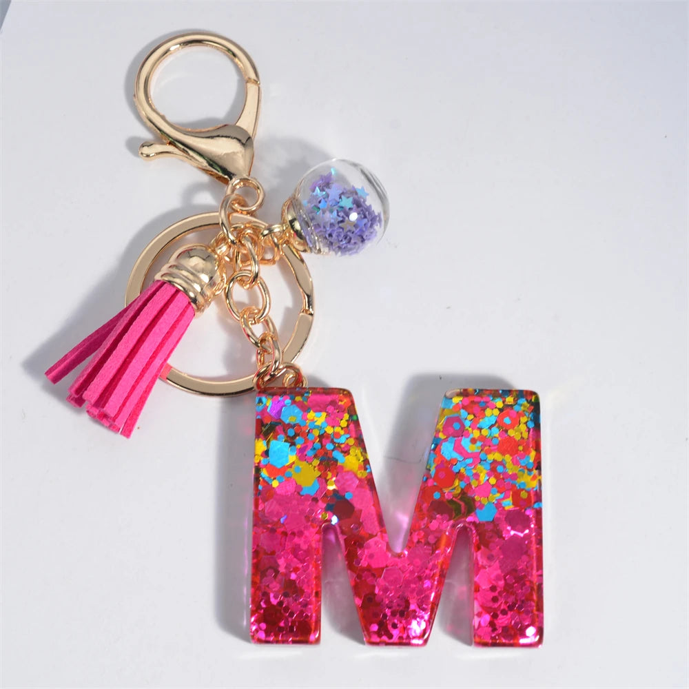 Mystery Star Ball 26 Letters Tassel Fuchsia Keychain