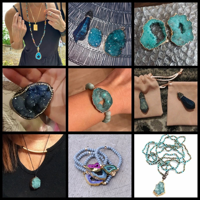 Blue Druzy Stone Connecter Copper Mineral Crystal Pendant Charm