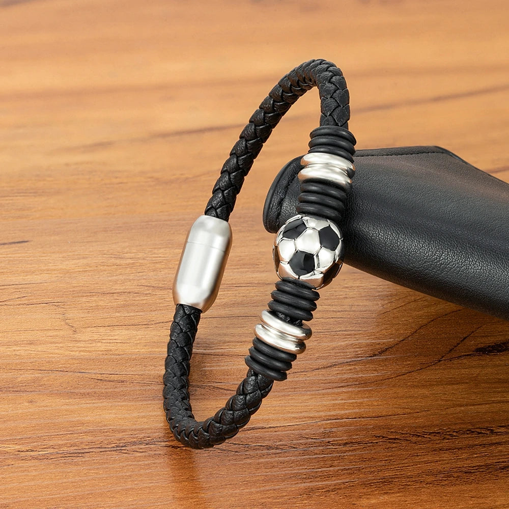 Black Hand-woven Football Ball Charm Leather Bracelet