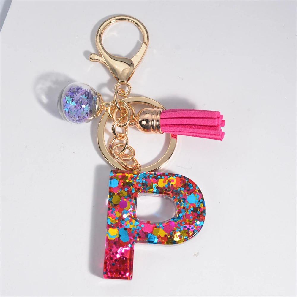 Mystery Star Ball 26 Letters Tassel Fuchsia Keychain