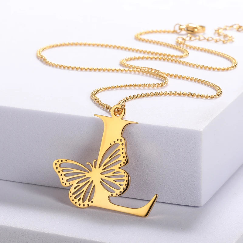 Dainty Butterfly Initial Letters Pendant Necklaces