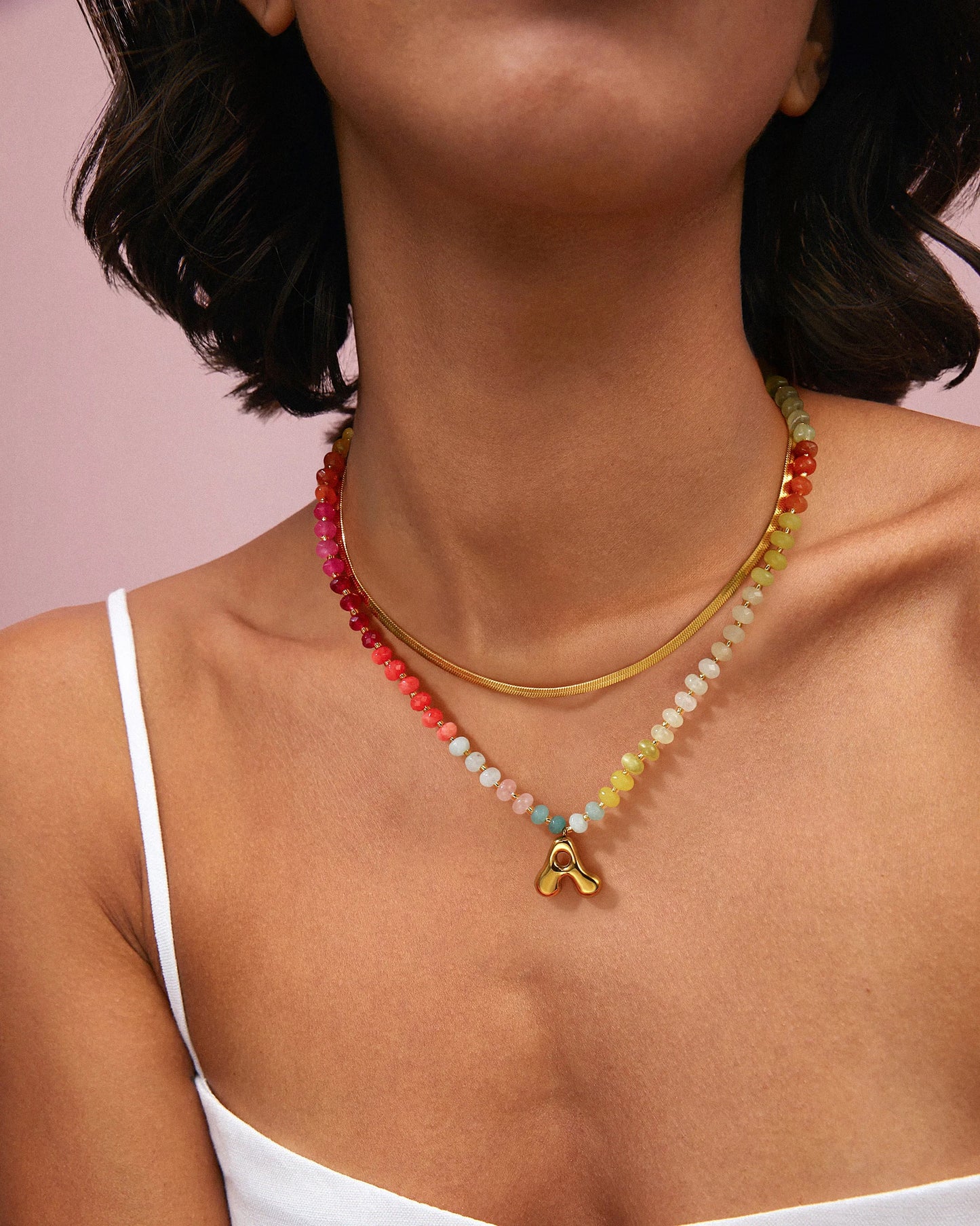 Alphabet Rainbow Colored Natural Stone Pendant Necklace