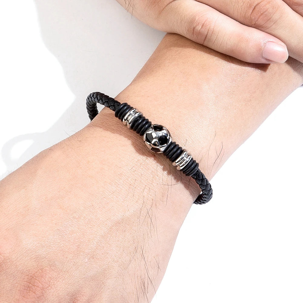 Black Hand-woven Football Ball Charm Leather Bracelet