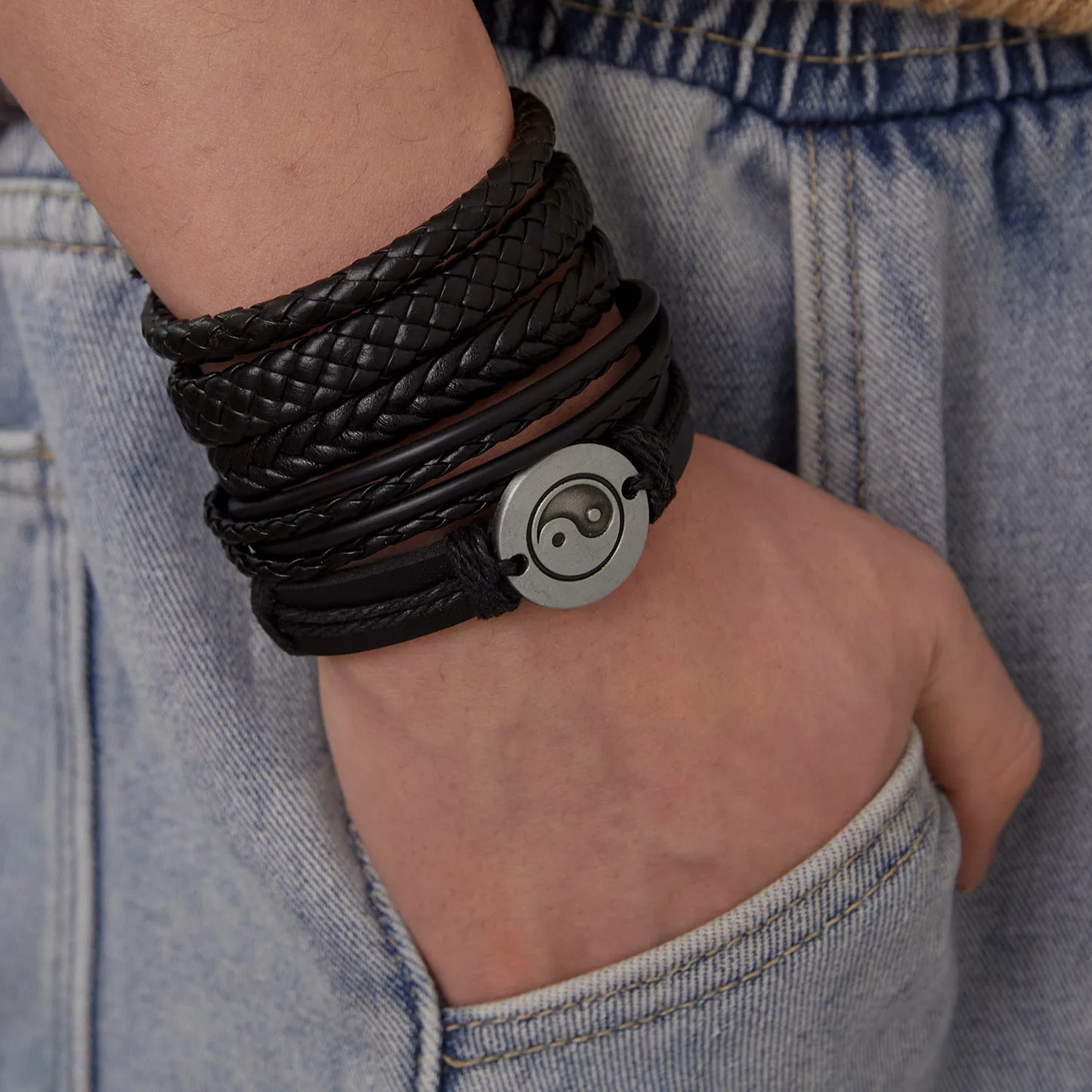 Black Brown & White Braided Leather Wood Bracelet Sets