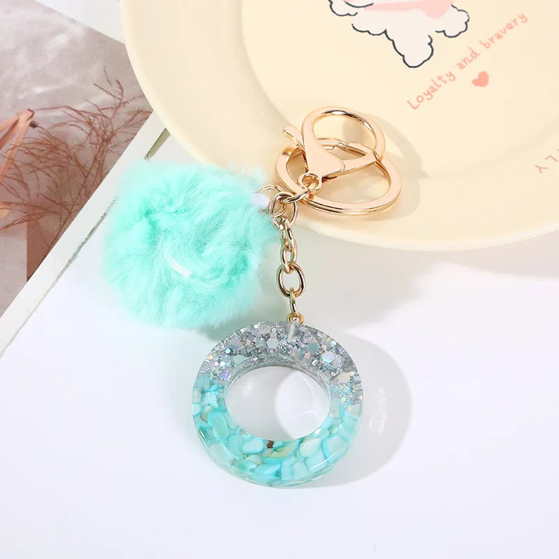 Aqua Flow 26 Initials Letter Key Pendant With Green Blue Fluffy Pompom