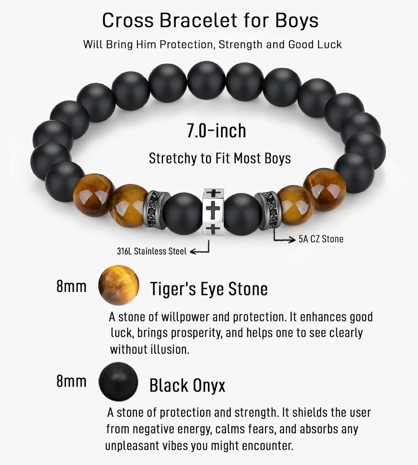 Black Onyx Tiger Eye Divine Protection Cross Bracelet