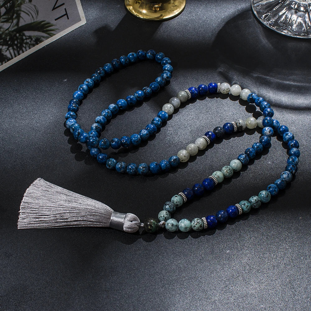 Blue & White Natural Stone Beaded Tassel Necklace