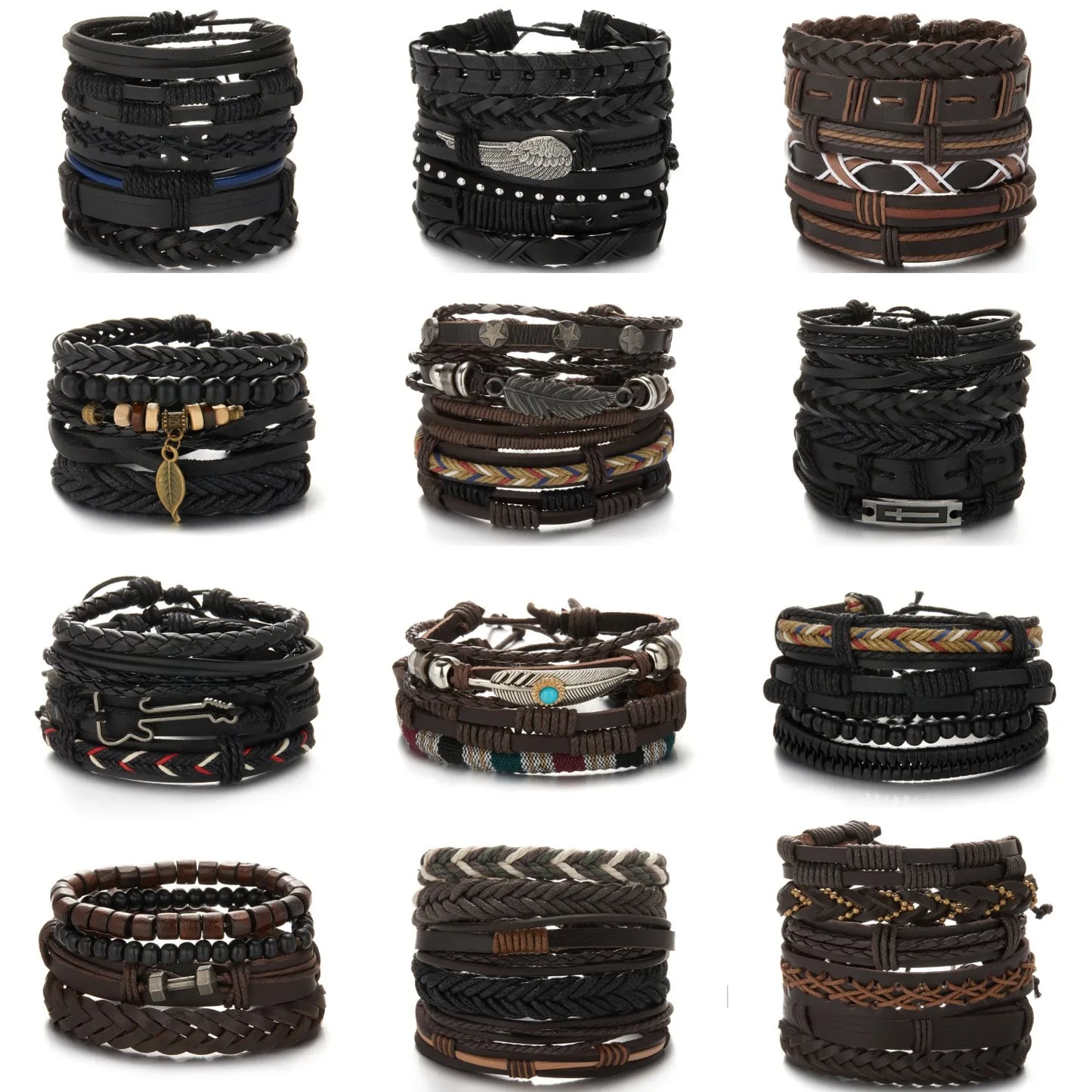 Vintage Leather Charm Wood Beads Bracelets