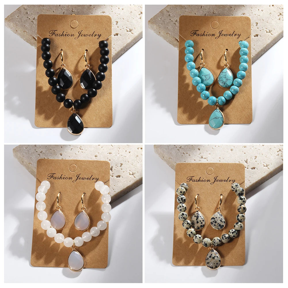 Gorgeous Stone Beaded Bracelet & Stone Drop Charm Earring Sets