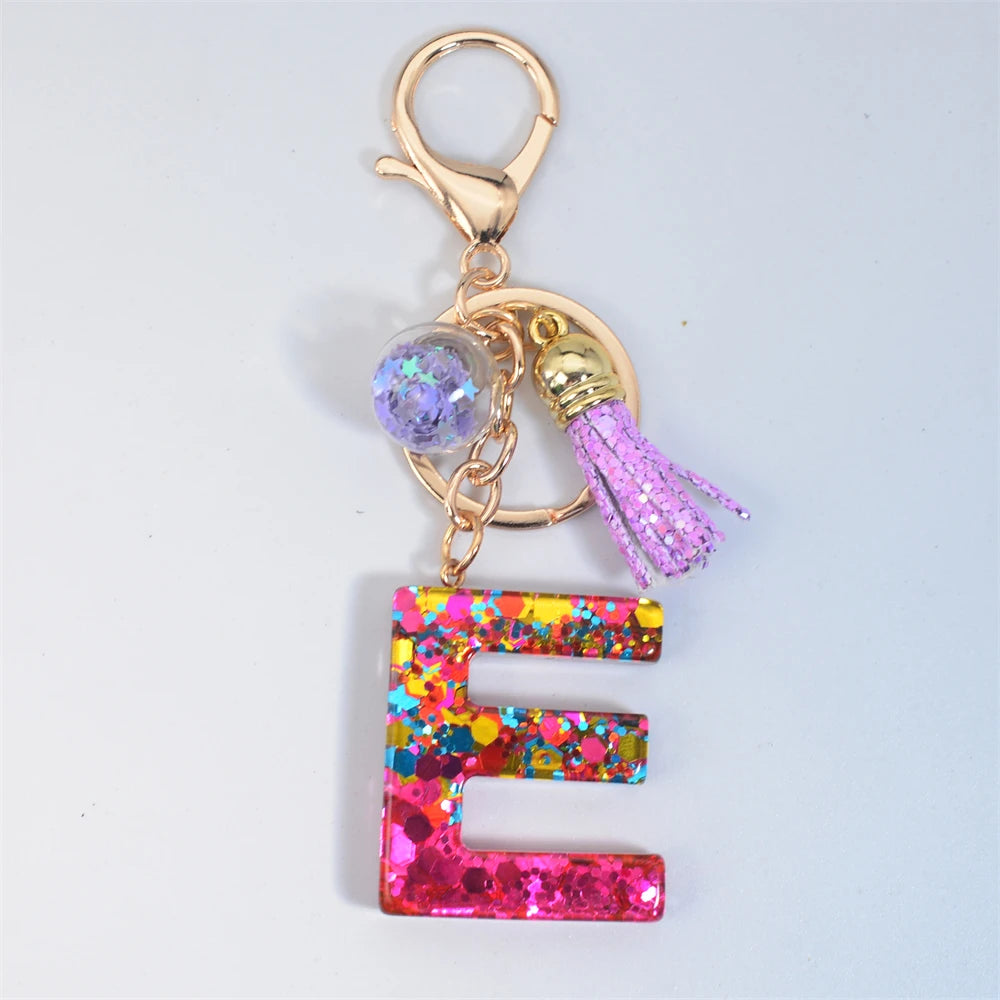 Mystery Star Ball 26 Letters Tassel Fuchsia Keychain