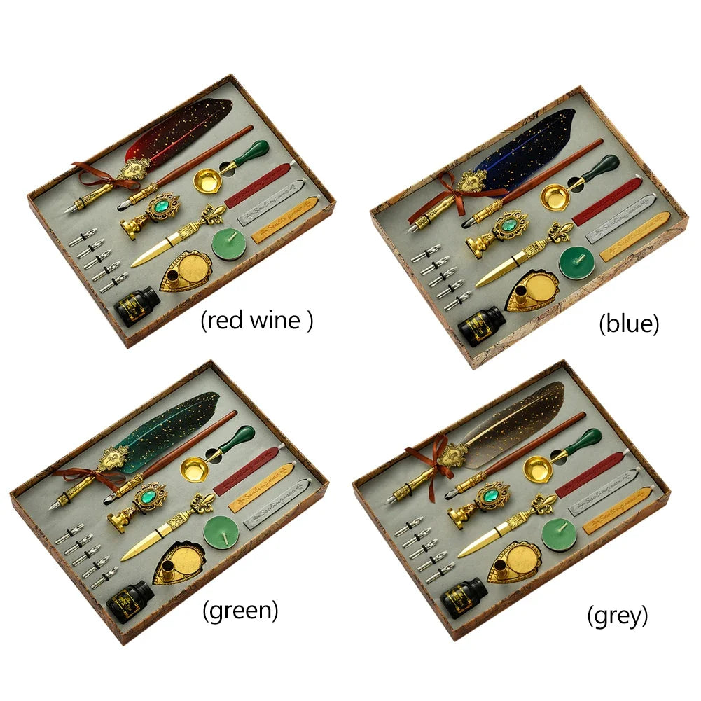 Exquisite Antique Feather Dip Writing Ink Treasure Set
