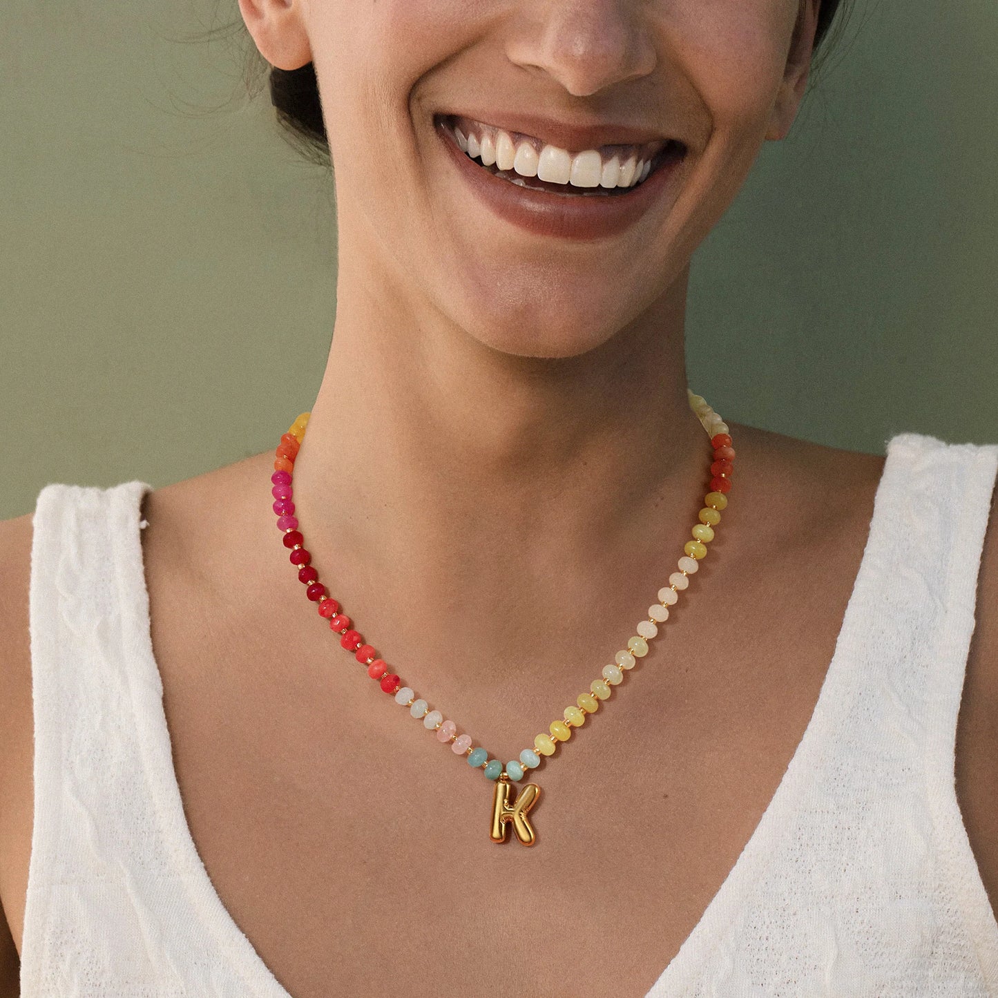 Alphabet Rainbow Colored Natural Stone Pendant Necklace