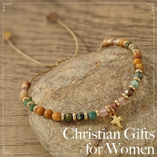 Dainty Cross Inspirational Religious Natural Stone Bracelets