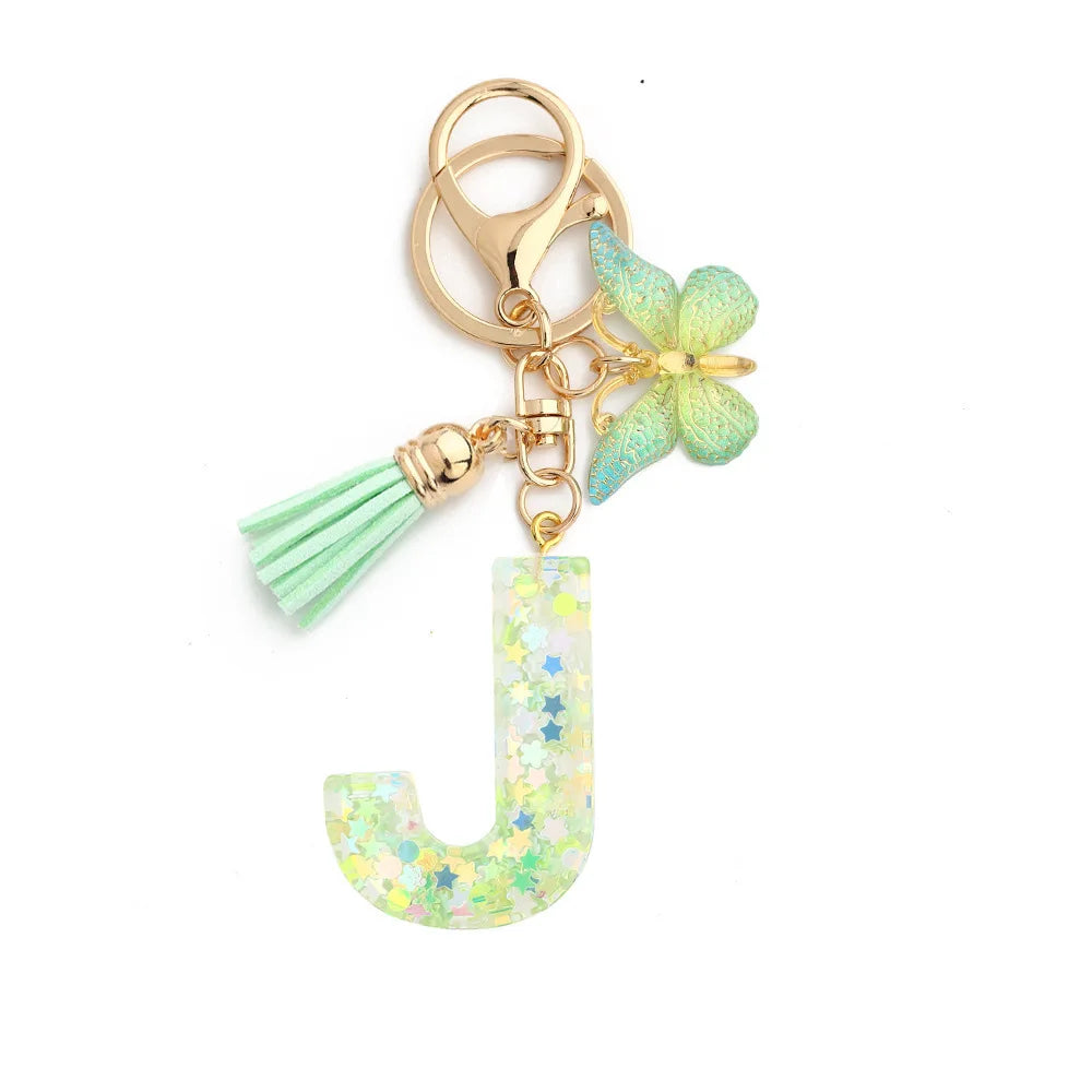Spring Green Color Glitter Initial Letter Key Chain With Butterfly Tassel Pendant ﻿