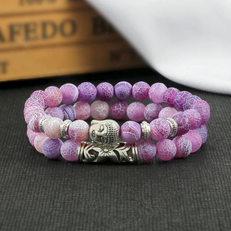 Buddha Head Charm Natural Stone 2pcs Bracelet Set