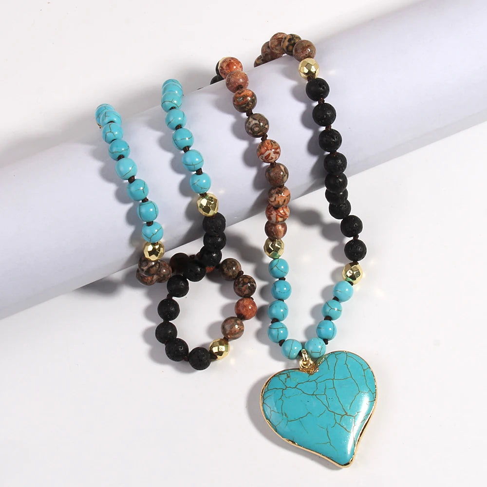 Beautiful Blue Stones Mix Shade Knotted Stone Heart Pendant Necklaces