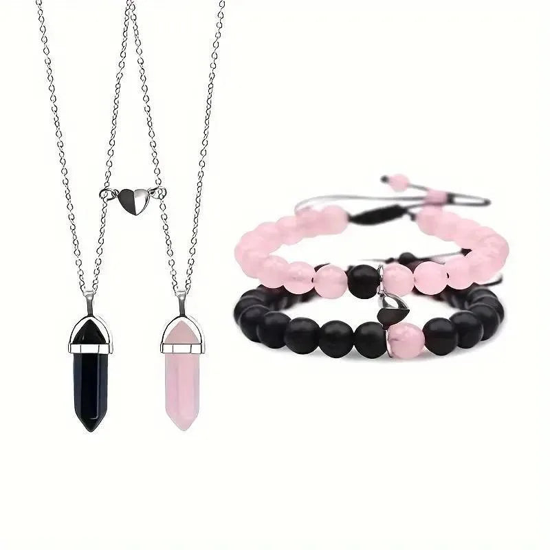 Heart To Heart Natural Stone Bullet Crystal Necklace & Bracelet