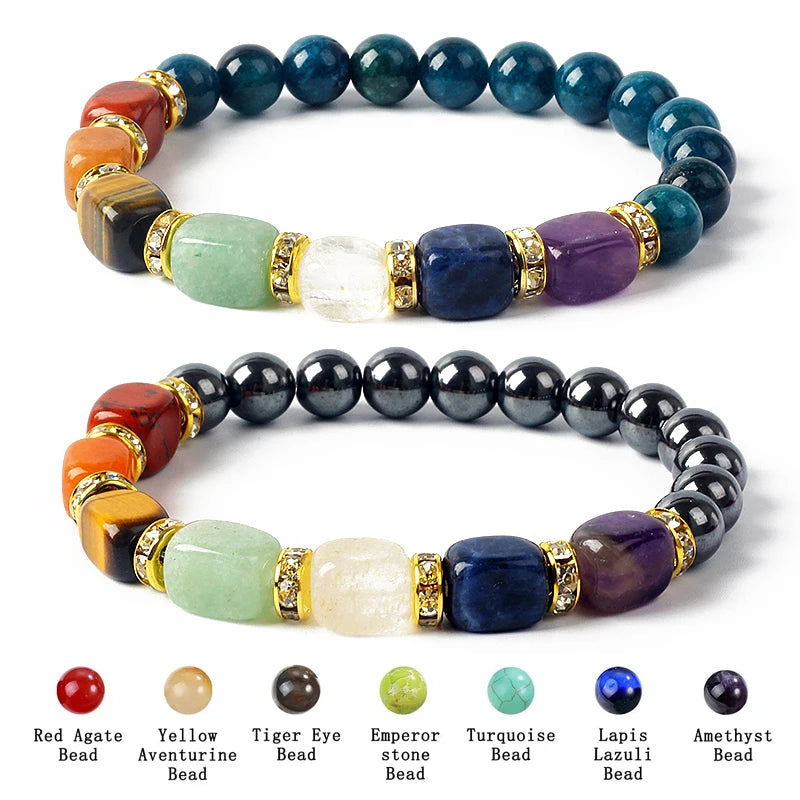 Gold Studded Crystal Bar & Ball Natural Stone 7 Chakra Bracelets