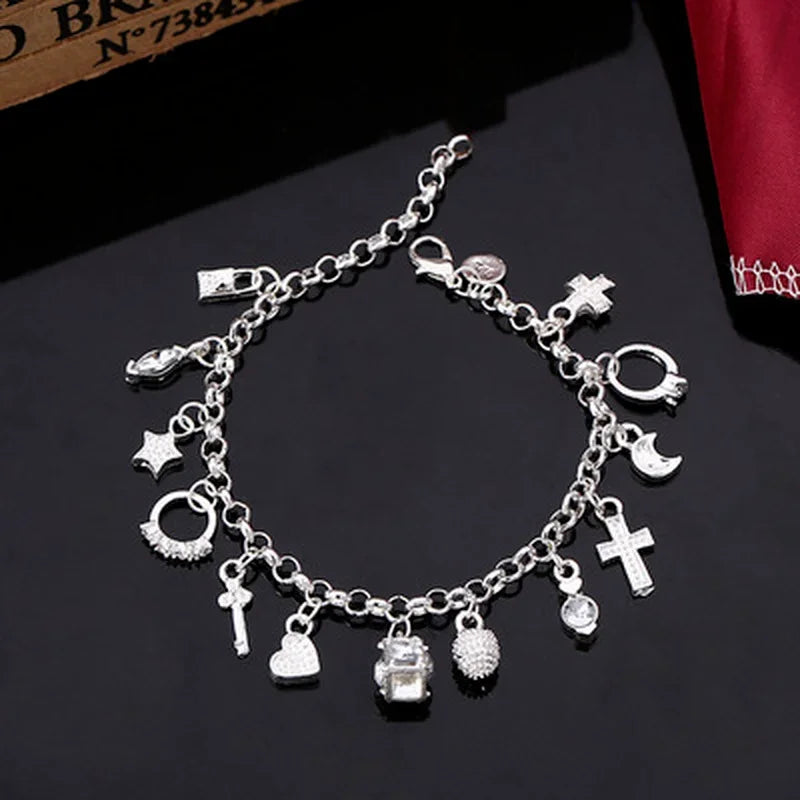 Silver 13 Pendant Chain Charm Bracelet