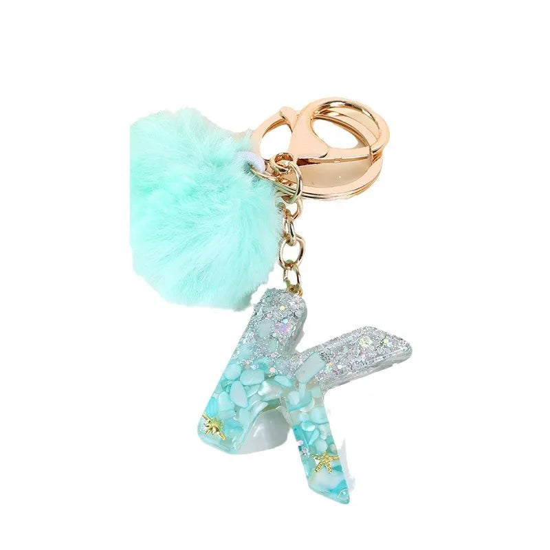 Aqua Flow 26 Initials Letter Key Pendant With Green Blue Fluffy Pompom