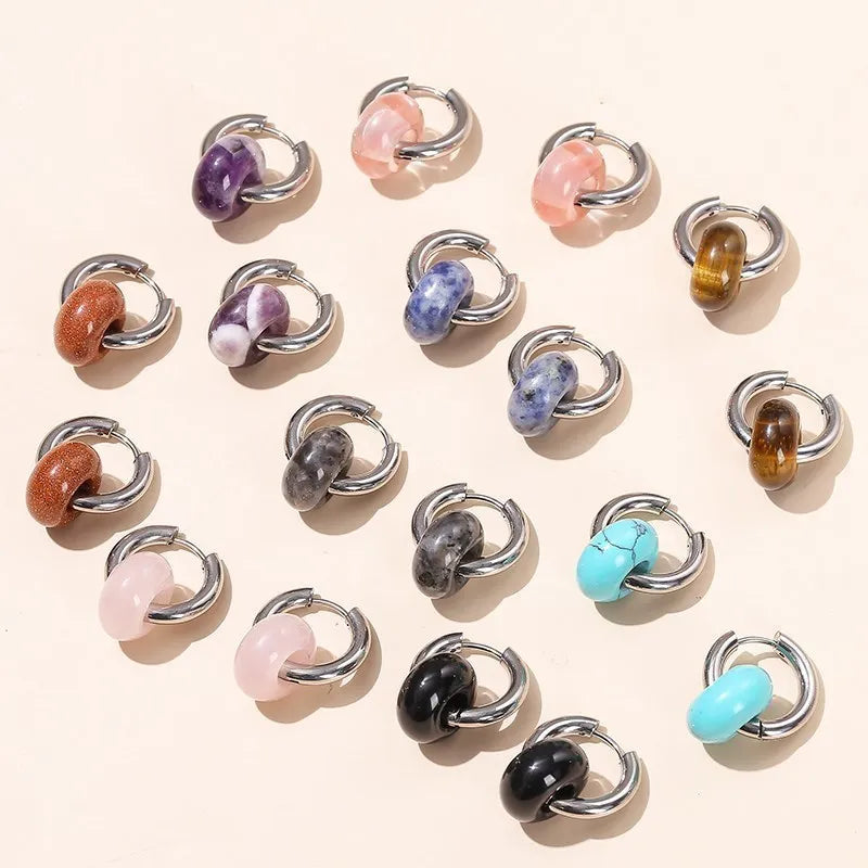 Natural Stone Silver Hoop Earrings Donuts