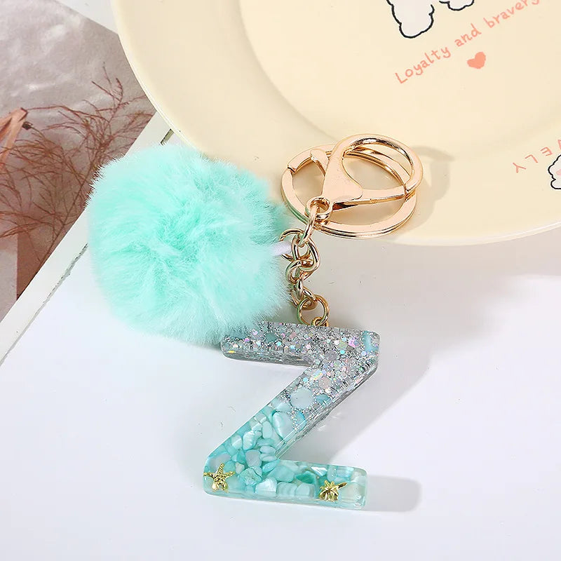 Aqua Flow 26 Initials Letter Key Pendant With Green Blue Fluffy Pompom
