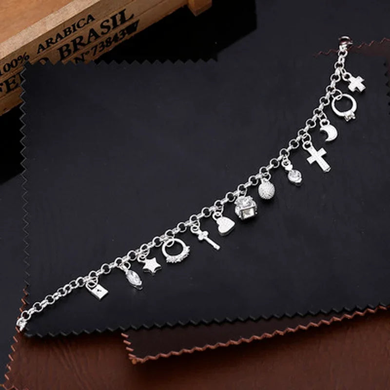 Silver 13 Pendant Chain Charm Bracelet