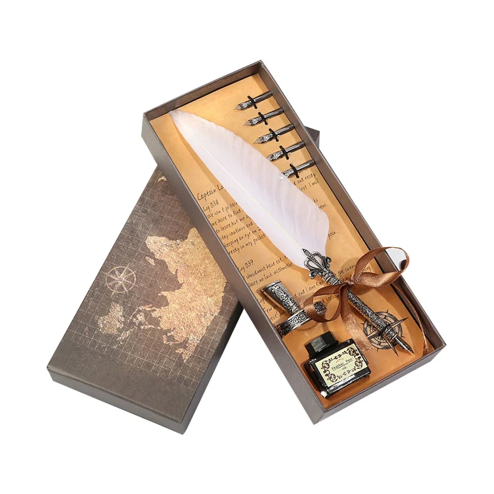 Exquisite Antique Feather Dip Writing Ink Treasure Set