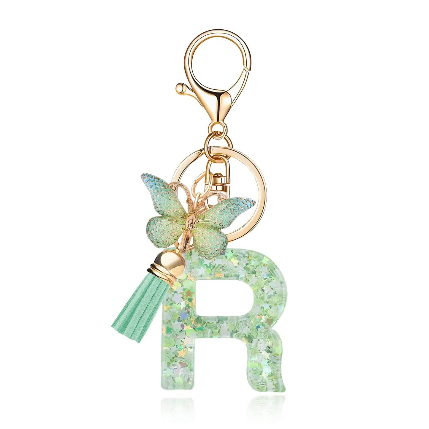 Spring Green Color Glitter Initial Letter Key Chain With Butterfly Tassel Pendant ﻿