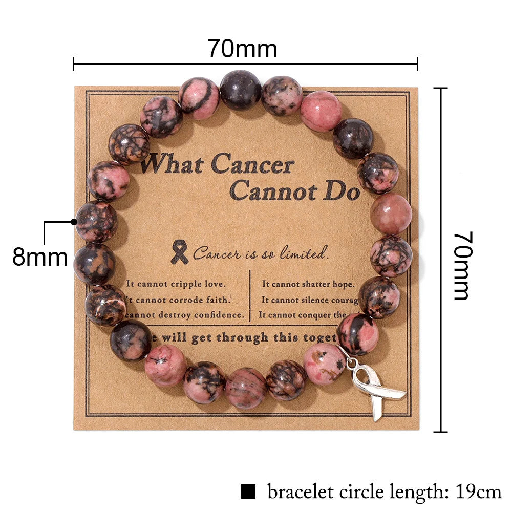 Pink Care Health Ribbon Charm Natural Stone Bracelet