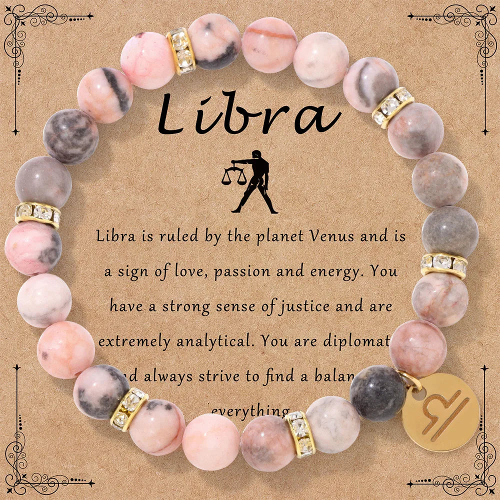 Pink Zebra Stone 12 Star Constellation Sign Beaded Bracelets