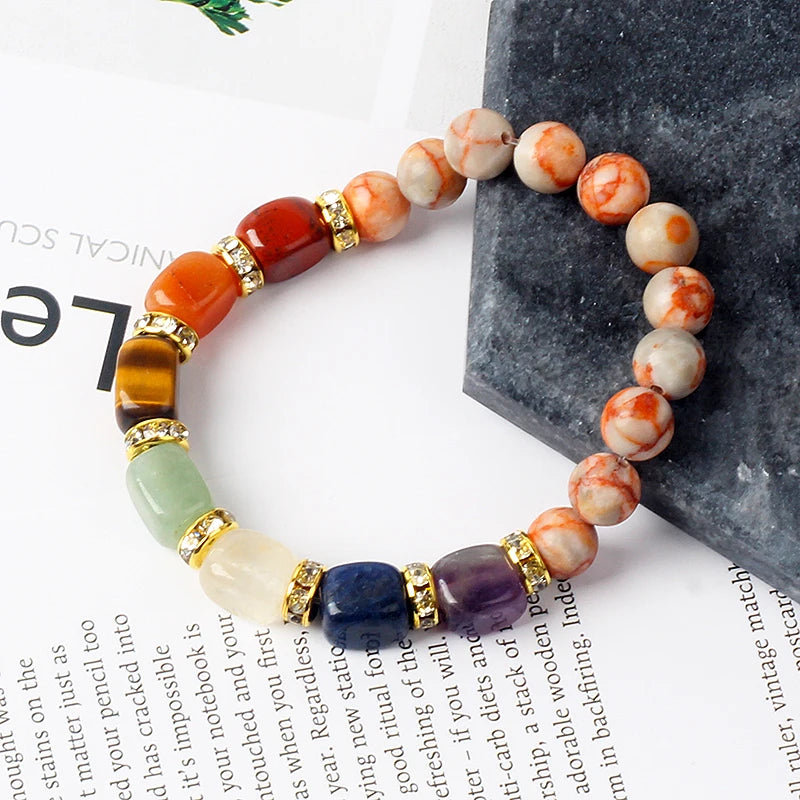 Gold Studded Crystal Bar & Ball Natural Stone 7 Chakra Bracelets