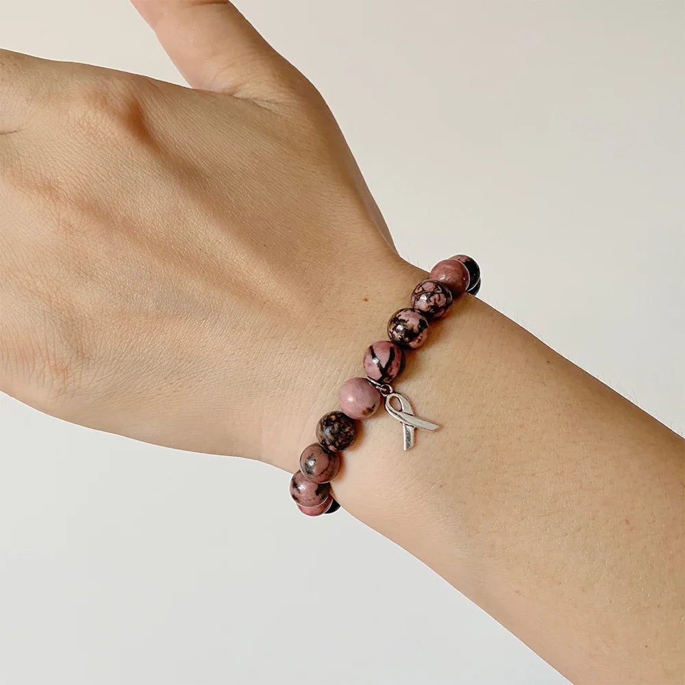 Pink Care Health Ribbon Charm Natural Stone Bracelet