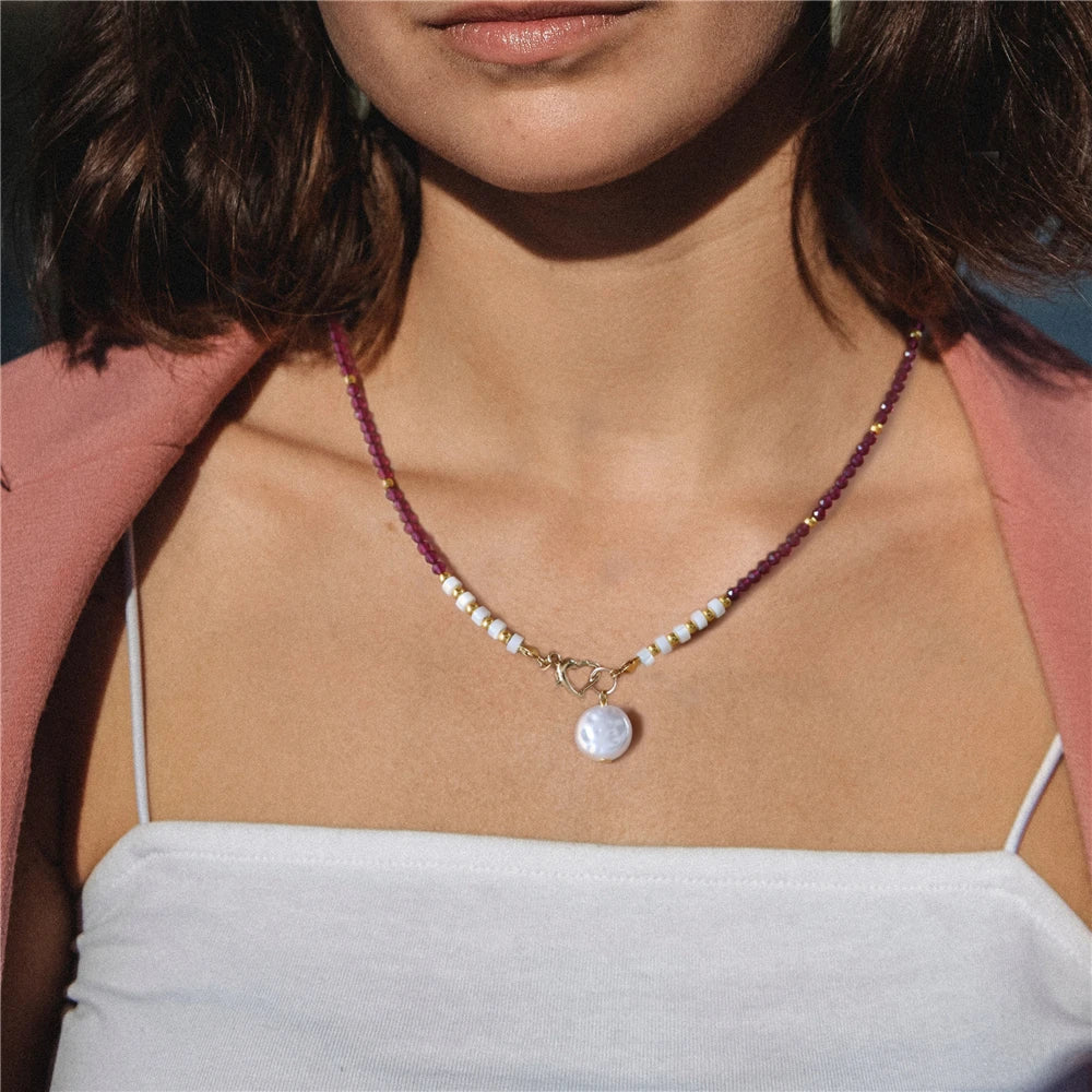 Pearl Pendant Natural Stone Beaded Heart Buckle Necklaces