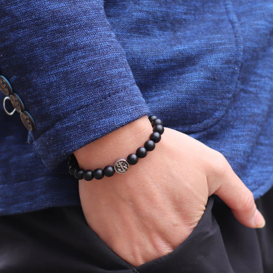Viking Pirate Compass & Anchor Genuine Natural Stone Bracelet