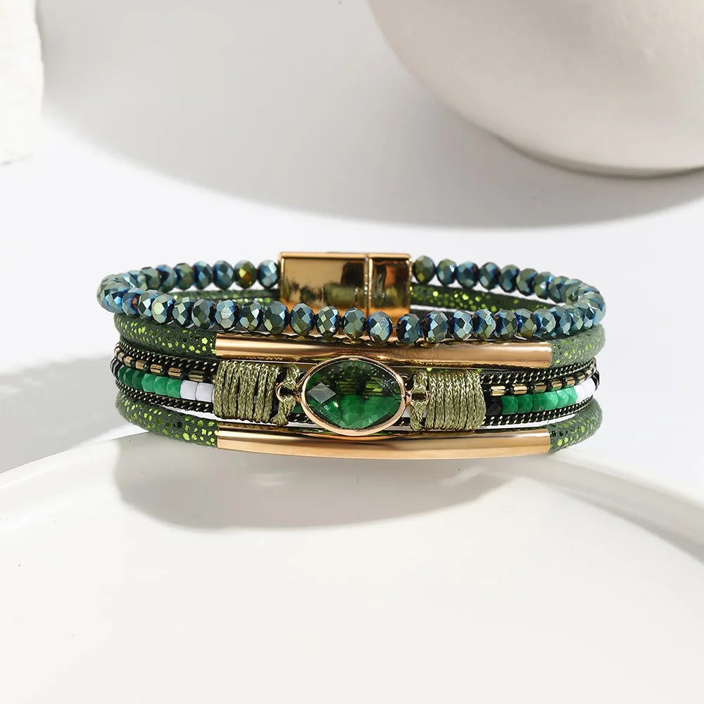 Charming Crystal Bead Multilayer Leather Wrap Bracelets