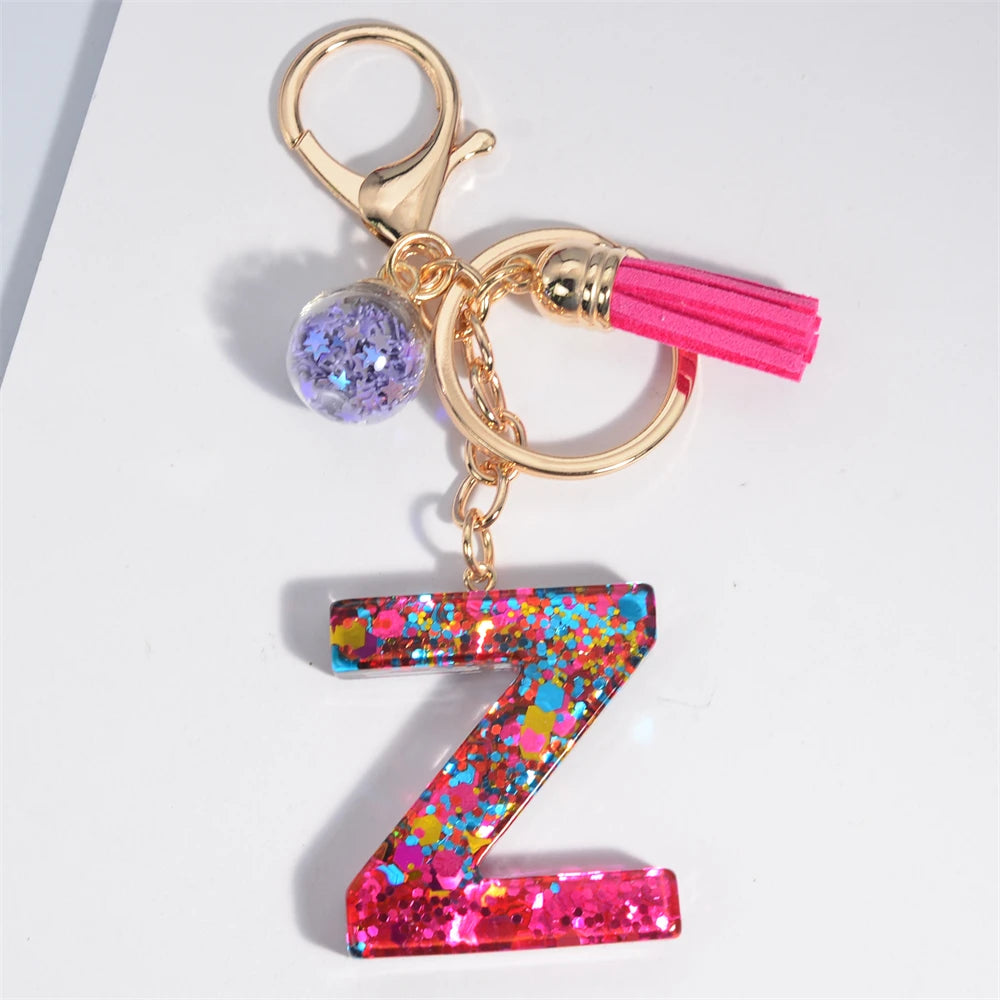 Mystery Star Ball 26 Letters Tassel Fuchsia Keychain