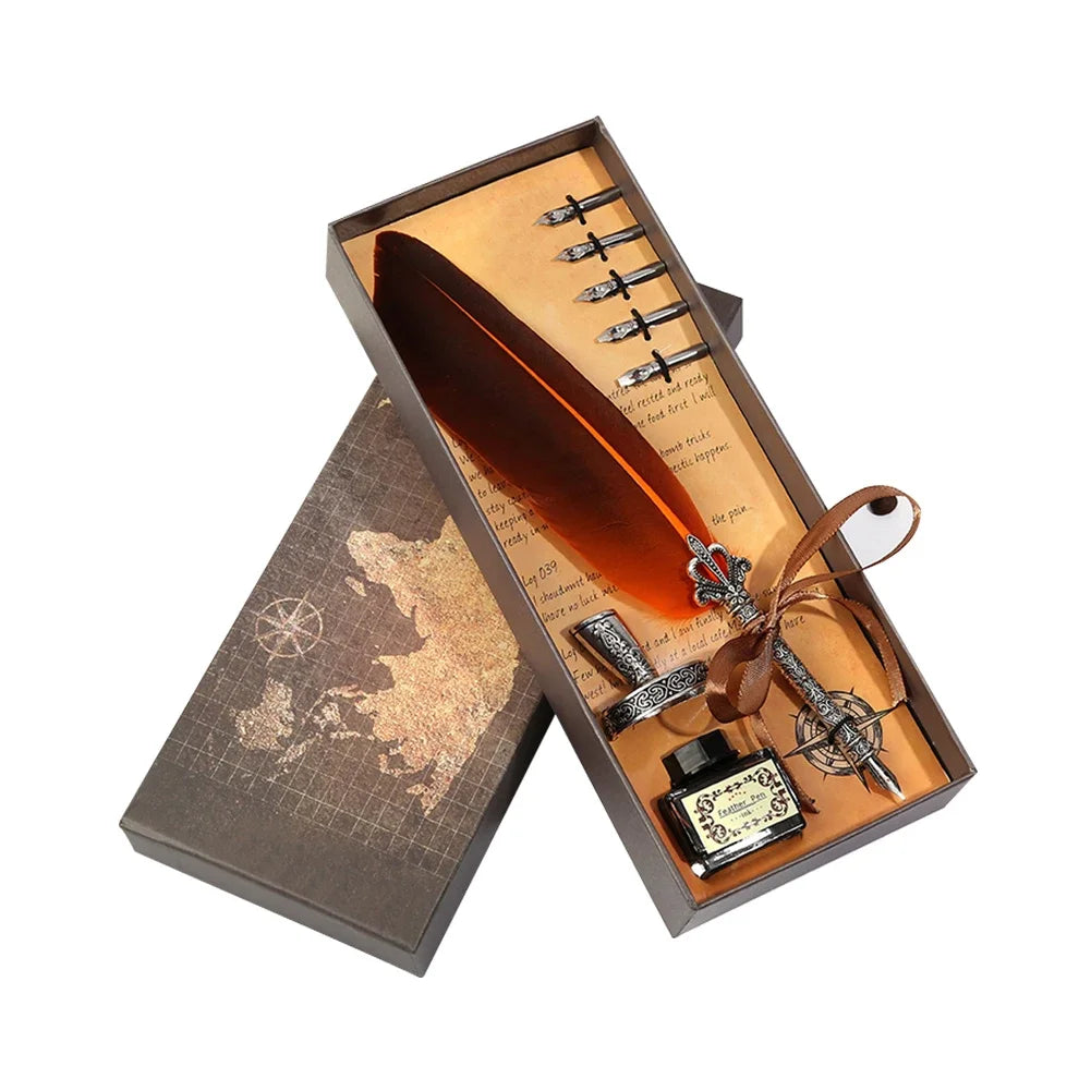 Exquisite Antique Feather Dip Writing Ink Treasure Set