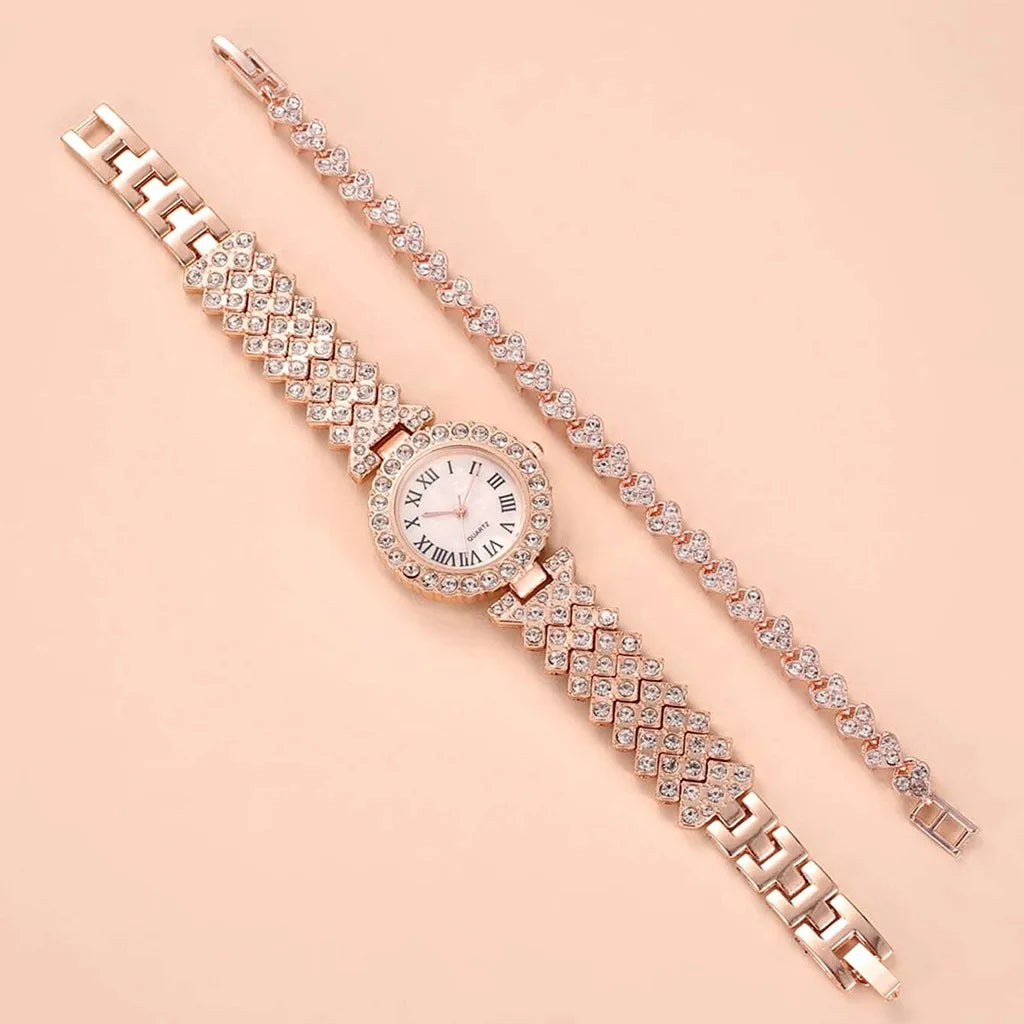 Rose Gold Elegant Quartz Diamond Wristwatch Sets