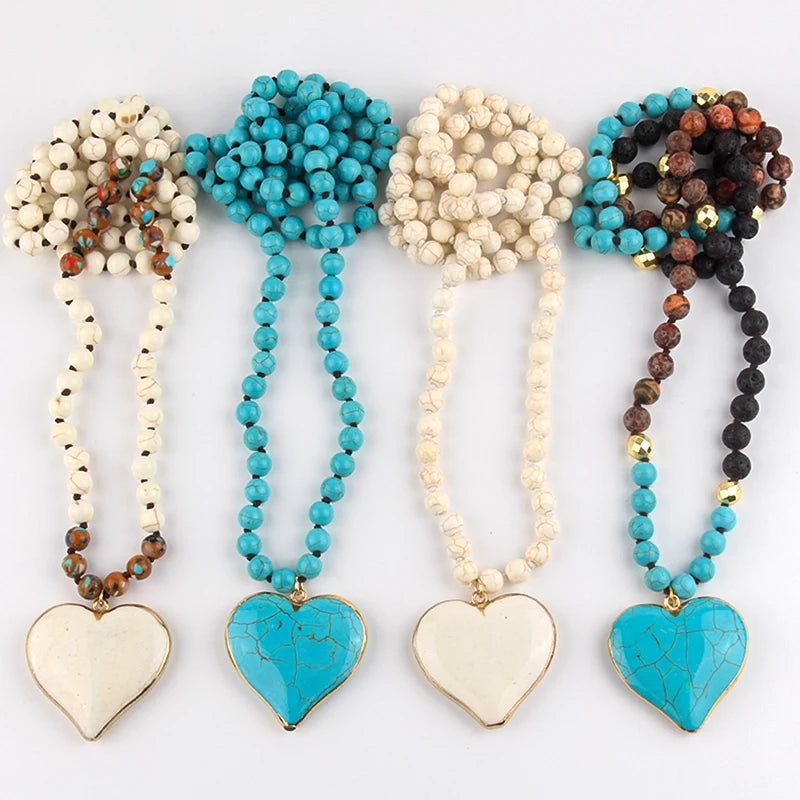Beautiful Blue Stones Mix Shade Knotted Stone Heart Pendant Necklaces
