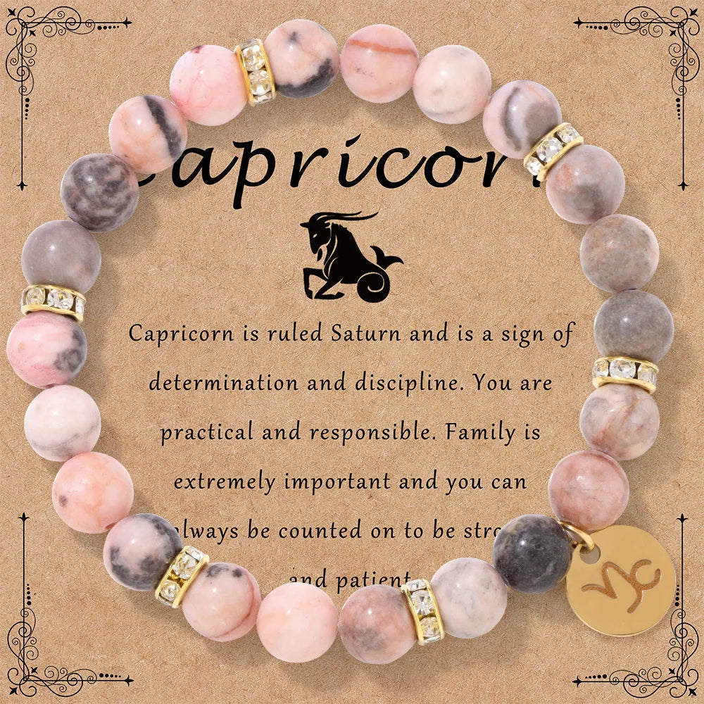 Pink Zebra Stone 12 Star Constellation Sign Beaded Bracelets