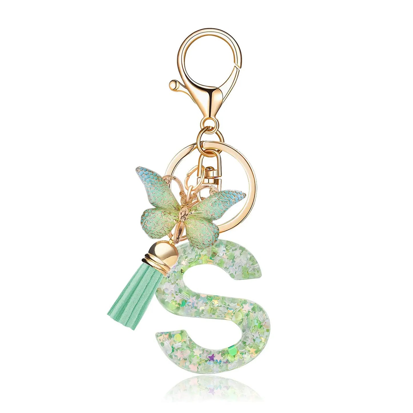 Spring Green Color Glitter Initial Letter Key Chain With Butterfly Tassel Pendant ﻿